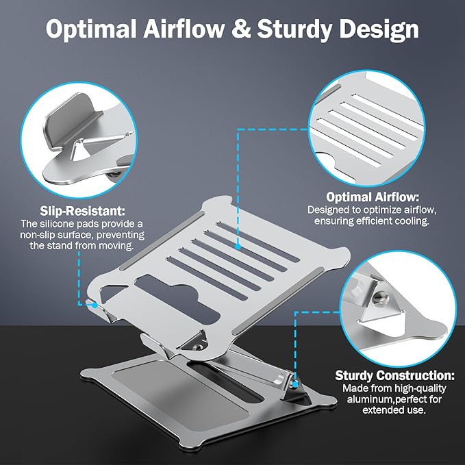Aluminum Adjustable Laptop Stand, No Wobble Laptop Riser, Foldable Computer Notebook Stand Holder for 10-17" Laptops, Lightweight & Sturdy, Silver/B