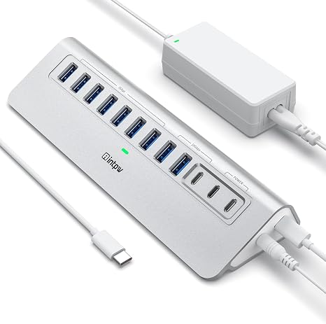 Powered USB Hub 10Gbps, intpw YH9AC 12 Port USB C Hub with 10Gbps USB C 3.2+2 USB A 3.2, 7 USB 3.0, 2 PD 45W Charging Port, 65W Power Adapter + 3.3FT Cable, Aluminum USB Hub for PC/Laptop/iPhone 17/16