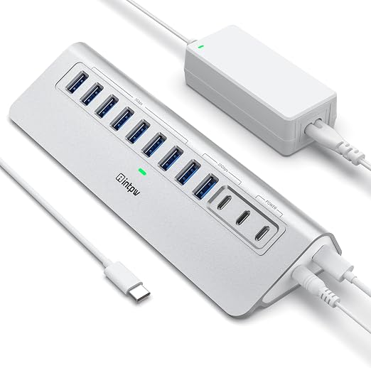 Powered USB Hub 10Gbps, intpw YH9AC 12 Port USB C Hub with 10Gbps USB C 3.2+2 USB A 3.2, 7 USB 3.0, 2 PD 45W Charging Port, 65W Power Adapter + 3.3FT Cable, Aluminum USB Hub for PC/Laptop/iPhone 17/16