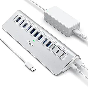 Powered USB Hub 10Gbps, intpw YH9AC 12 Port USB C Hub with 10Gbps USB C 3.2+2 USB A 3.2, 7 USB 3.0, 2 PD 45W Charging Port, 65W Power Adapter + 3.3FT Cable, Aluminum USB Hub for PC/Laptop/iPhone 17/16