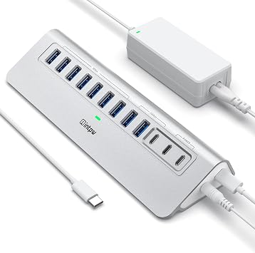 Powered USB Hub 10Gbps, intpw YH9AC 12 Port USB C Hub with 10Gbps USB C 3.2+2 USB A 3.2, 7 USB 3.0, 2 PD 45W Charging Port, 65W Power Adapter + 3.3FT Cable, Aluminum USB Hub for PC/Laptop/iPhone 17/16