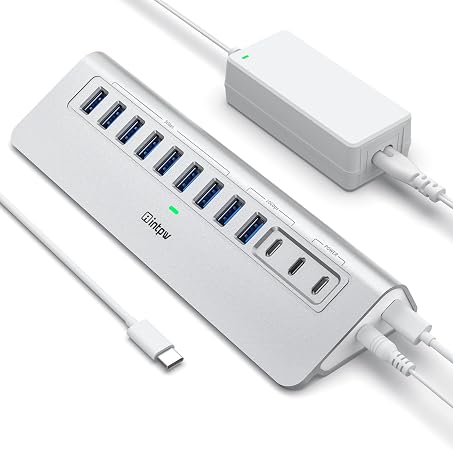Powered USB Hub 10Gbps, intpw YH9AC 12 Port USB C Hub with 10Gbps USB C 3.2+2 USB A 3.2, 7 USB 3.0, 2 PD 45W Charging Port, 65W Power Adapter + 3.3FT Cable, Aluminum USB Hub for PC/Laptop/iPhone 17/16
