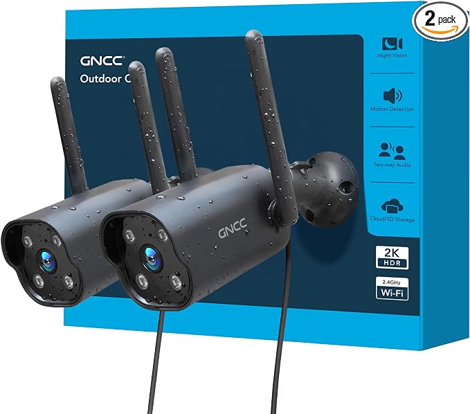 GNCC 2K Outdoor Security Camera, 24/7 Recording, Plug-in, AI, Black-2P