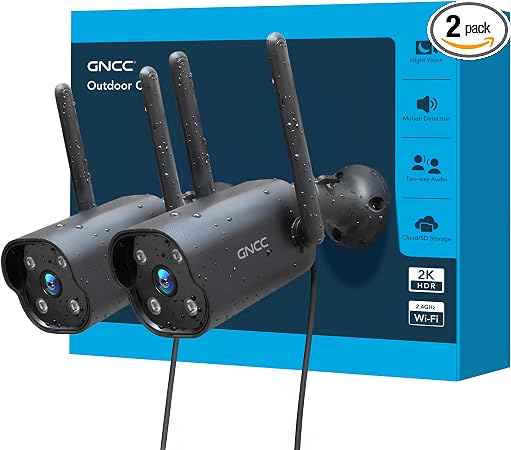 GNCC 2K Outdoor Security Camera, 24/7 Recording, Plug-in, AI, Black-2P