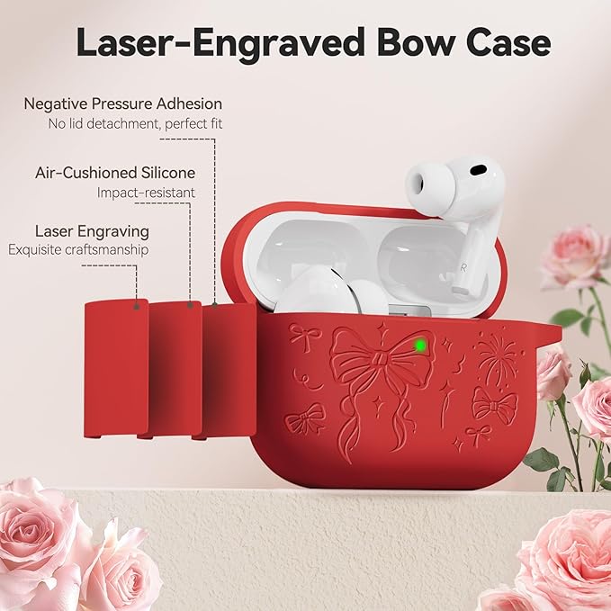 for Airpods Pro 3 Case Cover, Joremx Cute Bow Engraved Silicone Protective Case Cover with Keychain, Cleaner Kit for Airpods Pro 3rd Generation 2025 (Red)