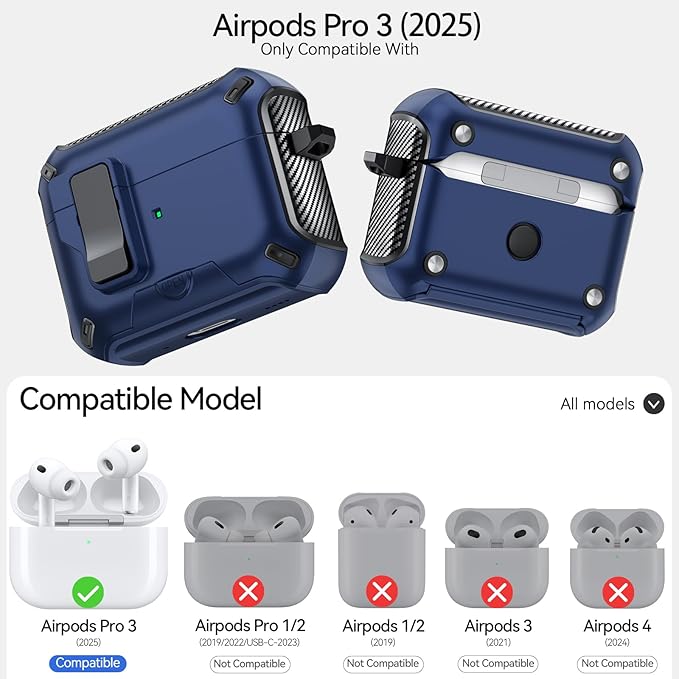 for AirPods Pro 3 Case (2025) with Phone Stand,（with Automatic Snap Switch） Carbon Fiber Design Protection Cover with Cleaning Pen,Bue