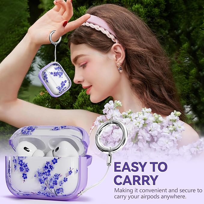 Inesore for AirPods Pro 2nd Generation Case Cover with Lock, Flowers Cute AirPod Pro 2 Case Hard iPod Pro Cases for Women Girls with Cleaner Kit for AirPod Pro Cases (2023 USB-C /2022/2019) - Purple