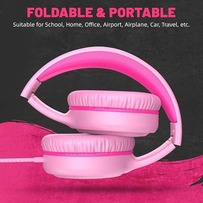 Pink Wired Headphones for Boys Portable On Ear Youth Headphones for School Airplane Travel Lightweight Portable Compatible with Pad Computer Laptop for Adults Student Children Girls Kids