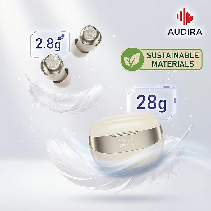 AUDIRA Mini Wireless Sleep Earbuds for Side Sleepers, Bluetooth 5.4 in-Ear Ear Buds with Noise Cancelling, IPX4 Waterproof Headphones, Touch Control, Digital Display Charging Case – Biege