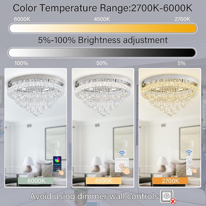 Dia 24" Modern Crystal Chandeliers for Dining Room,Silver Raindrop Chandelier Flush Mount Chandeliers for Living Room Bedrooms Dining Room Dimmable 2700k 4500k 6000k