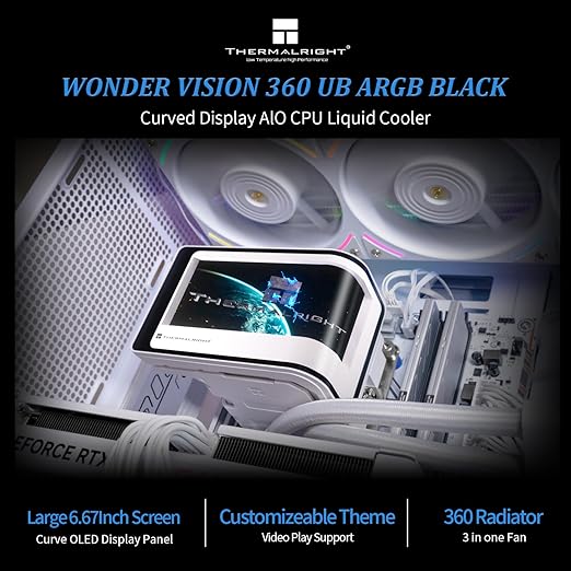 Thermalright Wonder Vision 360 UB ARGB CPU AIO Cooler,360mm Radiator, 2K 60HZ Curved Screen with 2400x1080 Resolution,for AM4/AM5,Intel LGA1851/1700,6.67in 3D Screen High Performance Pump