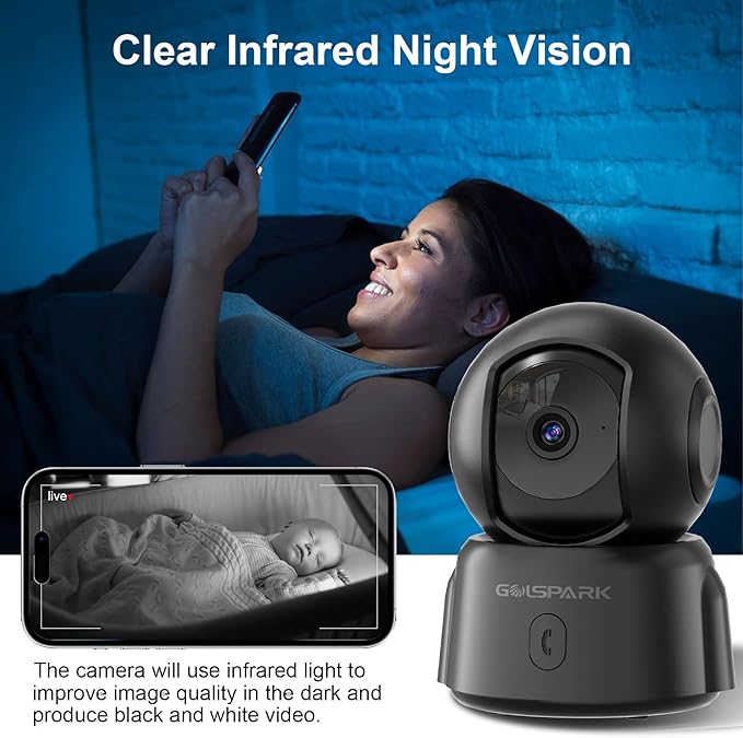 GOLSPARK Dog Pet Camera for Home Security 2K,2.4GHz WiFi Camera Baby Monitor for Room with Motion Tracking Detection Night Vision,Two-Way Audio SD/Cloud Storage