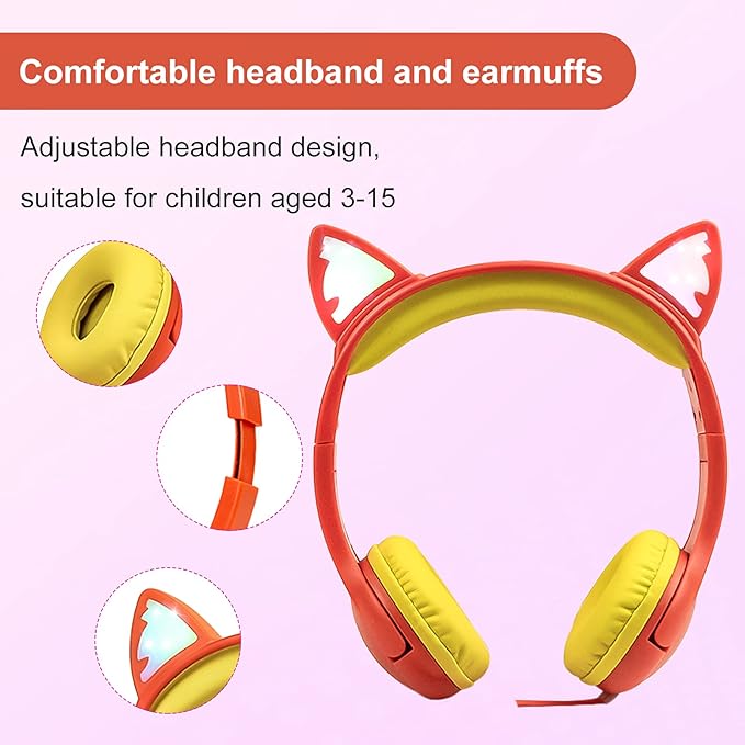 Olyre Kids Headphones, Safe 85db Volume Control Light Up Cat Ear Headphones with Sharing Port for Classroom/Travel/Homeschool, Sparkling Birthday Gifts for Girls & Boys - Orange