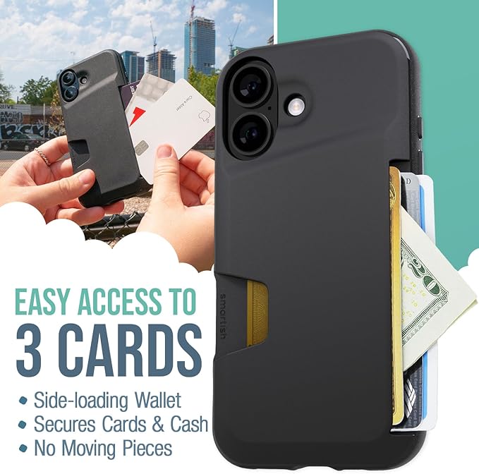 Smartish iPhone 16 Wallet Case + 2-Pack Tempered Glass Screen Protector Bundle - Wallet Slayer + Tuff Sheet - Protective Case Wallet with Crystal Clear Screen Protection - Black