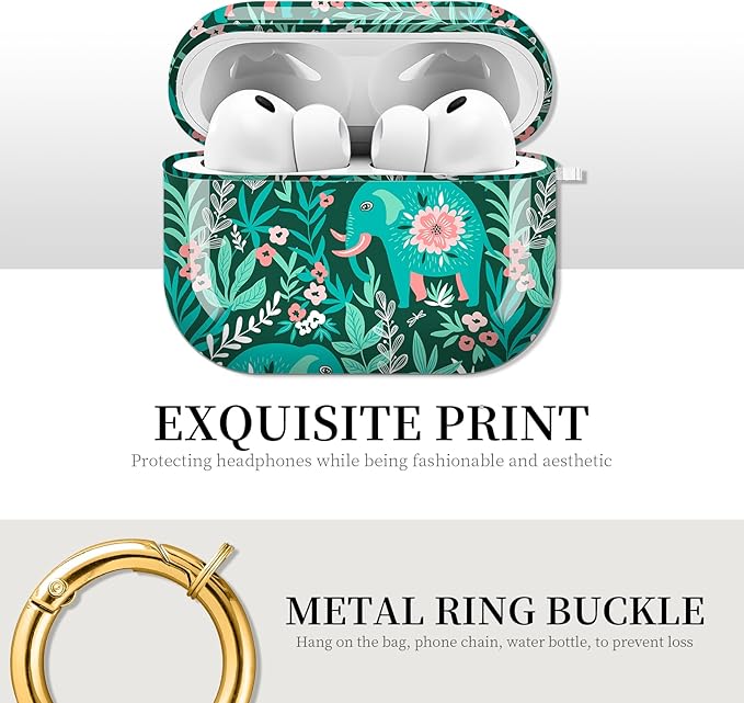 Case for AirPod Pro 3 Shock-Proof Protective Hard Case with Golden Keychain Compatible with Apple Airpods Pro 3rd Generation 2025 (Boho Tropical Floral Elephants)