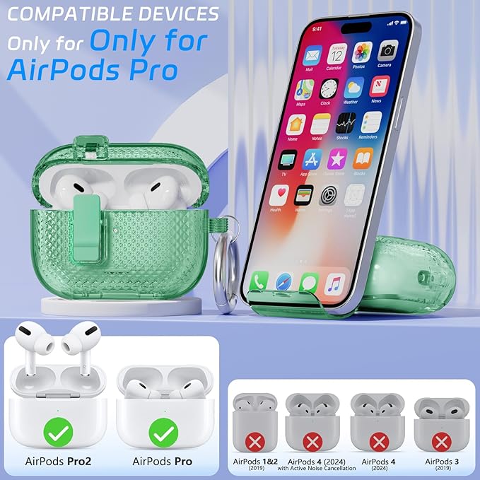 for AirPods Pro 2 Case with Phone Stand & Secure Lock, Auto-Open Clear Cover Compatible with Apple AirPods Pro 2nd/1st Gen (2023,2022,2019) with Cleaning Kit & Keychain (W-Green)