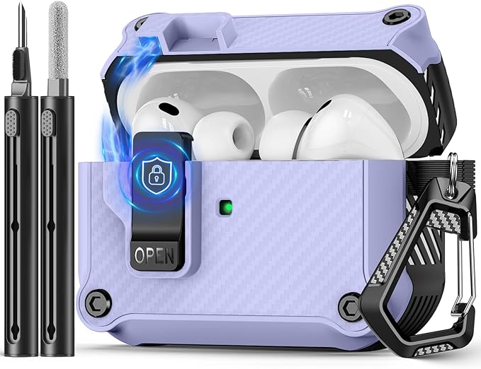 Compatible with AirPods Pro 3 Case,Magnetic Automatic Lock with Cleaning Kit,Compatible with Magsafe,Carbon Fiber Texture Cover-Purple