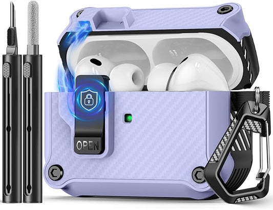 Compatible with AirPods Pro 3 Case,Magnetic Automatic Lock with Cleaning Kit,Compatible with Magsafe,Carbon Fiber Texture Cover-Purple