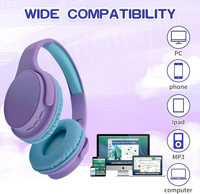 Kids Wireless Headphones, Bluetooth Headphone for Teen Kids, Over Ear Toddler Headphones Foldable with Built-in Mic for Cell Phones TV Tablet School Network Boys Girls (e6 Purple)
