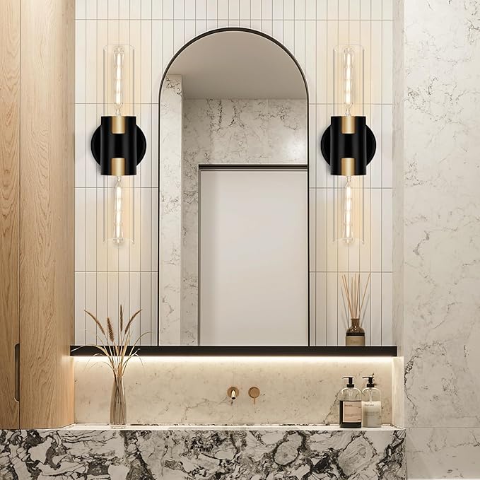 2-Light Bathroom Vanity Light Fixtures, 17.5" Indoor Wall Sconce with Clear Glass, Modern Cylinder Wall Lights for Bathroom, Bedroom, Hallway, Stairways, Living Room (Matt Black)