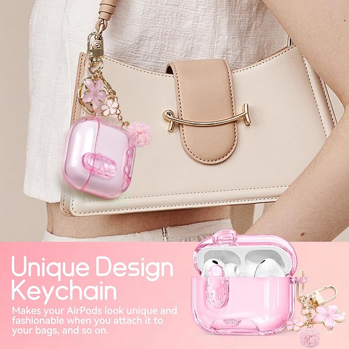 Clear Case for AirPods Pro 3 Case Cover with Safety Lock,Soft TPU Cover with Phone Stand & Cleaning Kit,Cute Bling Keychain for Women Girls-Clear Pink