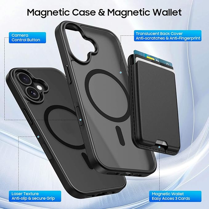 Magnetic for iPhone 16 Case with Detachable Wallet, Compatible with MagSafe, Credit Card Holder with Slim Shockproof Protective Phone Cover, Black