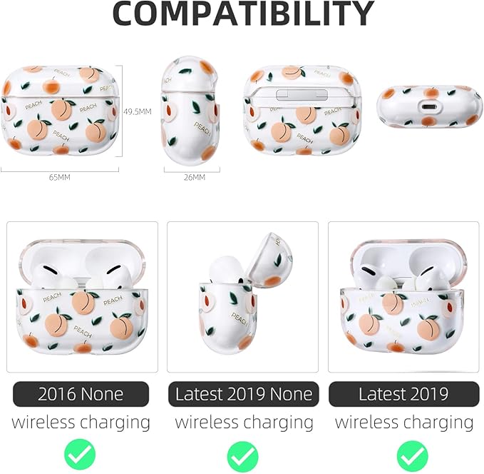 Apple Airpods Pro Case Cover for Women,Compatible with Apple Airpods Pro Case Clear with Designs Patterns Hard PC Shockproof [Front LED Visible ] Shockproof Full Protector, Peach