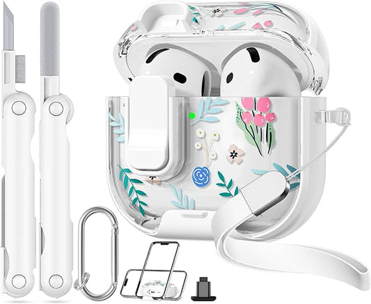 with Safety Lock for Apple AirPods 4 Case,Clear Floral Cute AirPod 4th Generation Case with Phone Stand & Cleaning Kit for Women Girly-Orange Flower-Raspberry