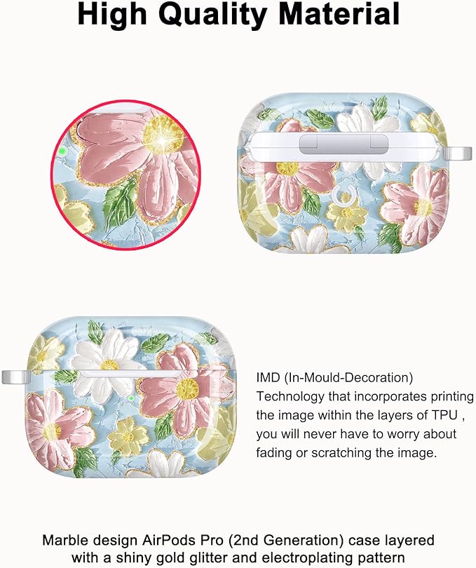 JIAXIUFEN Compatible with AirPods Pro 2 Gen/1 Gen Case Cover Retro Oil Painting Printed Flower Protective TPU Skin Accessories for Women Girl Blue Pink