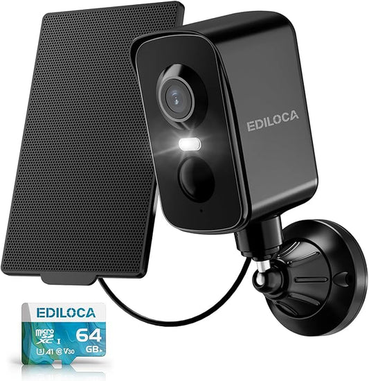Security Camera Wireless Outdoor, 2K Pan Rotating 300° Solar Panel Battery Powered WiFi Camera with PIR Human Detection, Color Night Vision, 2-Way Audio, Alarm, Cloud/64GB Memory Card Storage