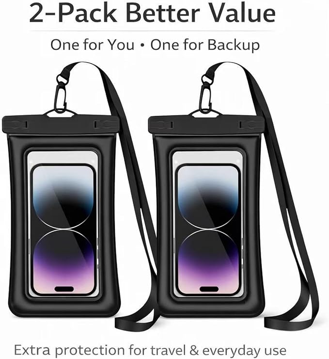 Floating Waterproof Phone Pouch (2-Pack), IPX8 Dry Bag with Built-in Airbag, Touch-Friendly Clear Case with Lanyard for Beach, Swimming, Kayaking & Cruise, Fits Phones up to 7.2" (Black)
