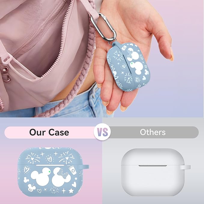 Compatible with Airpods Pro 2nd/1st Generation Case Cover with Keychain, Women Men Soft Silicone Two-Tone Cute Cartoon Engraved Convenience Protective Case, Front LED Visible Blue/White
