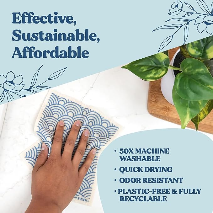 FEBU Swedish Dishcloths for Kitchen | 5 Pack Fresh Flowers Reusable Paper Towels Washable | Swedish Dish Towels | Non-Scratch Cellulose Sponge Cloths | No Odor, Biodegradable Cleaning Cloths