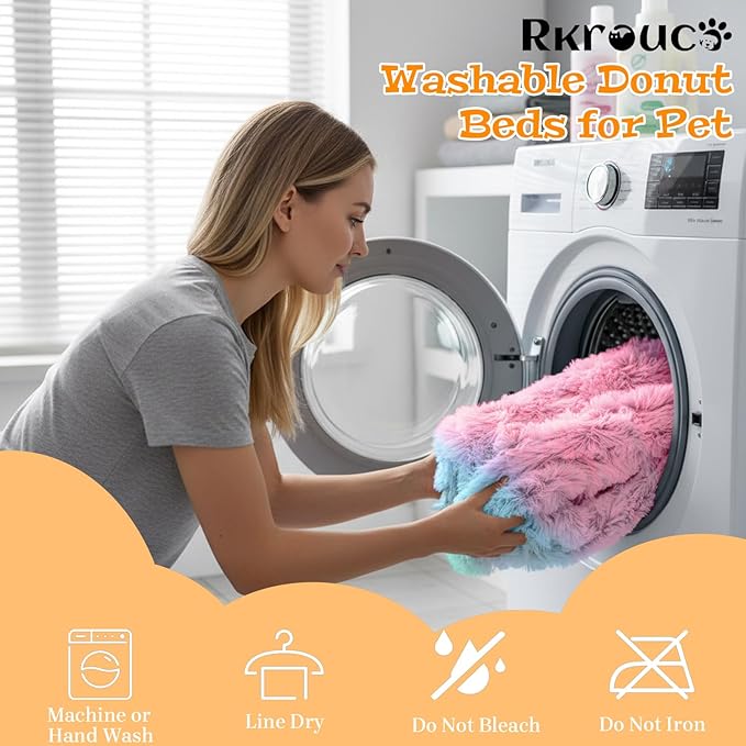 Fluffy Dog Bed Calming Donut Beds for Large Dogs Warming Round Small Medium Pet Nest Cozy Cat Mattress Indoor Washable Puppy Kennel Kittens Sleep Mat (XS, 20×20 inch, Rainbow)
