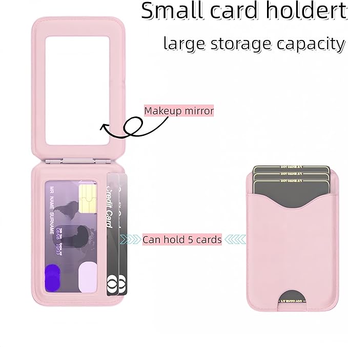 Upgraded for Magsafe Wallet, Strong Magnetic Phone Wallet with Adjustable Stand, Built in Makeup Mirror, 5 Card Holder, RFID Blocking (Pink Fold)