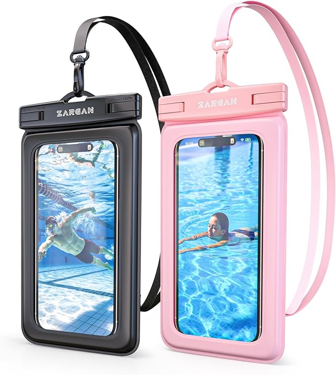 Waterproof Phone Pouch [2-Pack] – 100% IPX8 Dry Bag with Secure Lock, Touchscreen Access & Lanyard – Fits iPhone 15/14/13 Pro Max, Galaxy & More – Black & Pink – Up to 7” – Swim/Beach/Travel