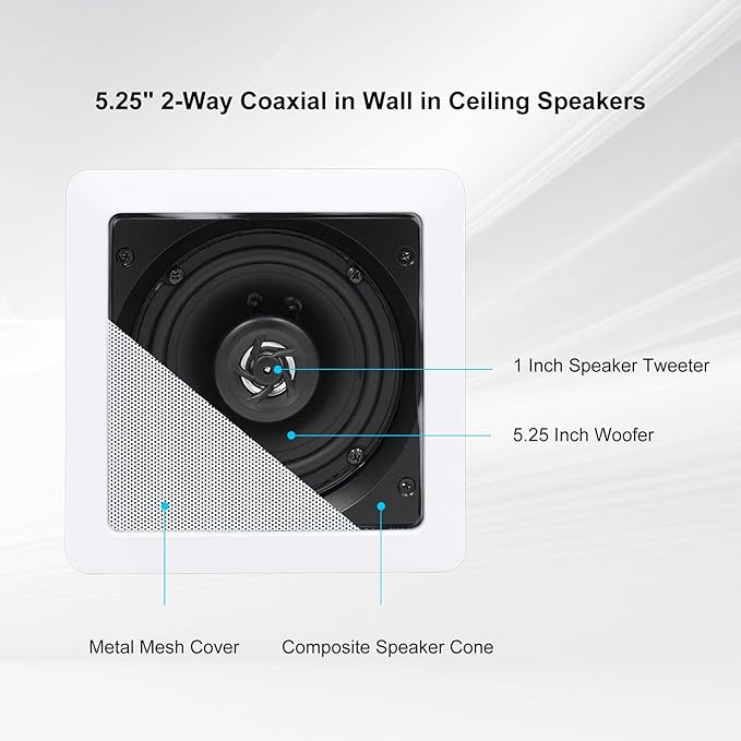 Herdio 5.25 Inches 2-Way Bluetooth Ceiling Speakers with 4 Channel Wall Amplifier, 320W Square in Wall Speaker System for Home Theater Office Kitchen, 2 Pairs