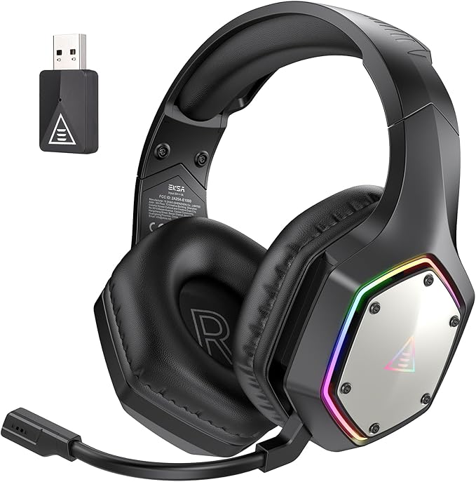 EKSA 2.4GHz Wireless Gaming Headset for PC, PS4, PS5, Gaming Headphones with Noise Cancelling Microphone, 7.1 Surround Sound, 36Hr Battery, RGB, 3.5mm Wired Computer Headset