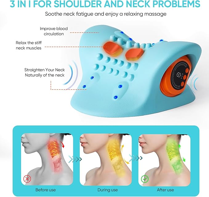 Neck Massager 2025, Neck Massager Pillow with Heat for Pain Relief, Boost Circulation,and Restore Natural Alignment, 3-in-1 Cervical Traction Device Hump Corrector,for Home Use,9 Modes (Blue)