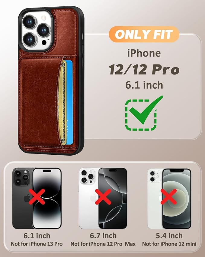 for iPhone 12/12 Pro Case with Wallet - Fits 4 Card Slots, Compatible with MagSafe for Women Men Durable PU Leather Credit Card Holder Kickstand Phone Cover for Apple 12/12 Pro, Brown