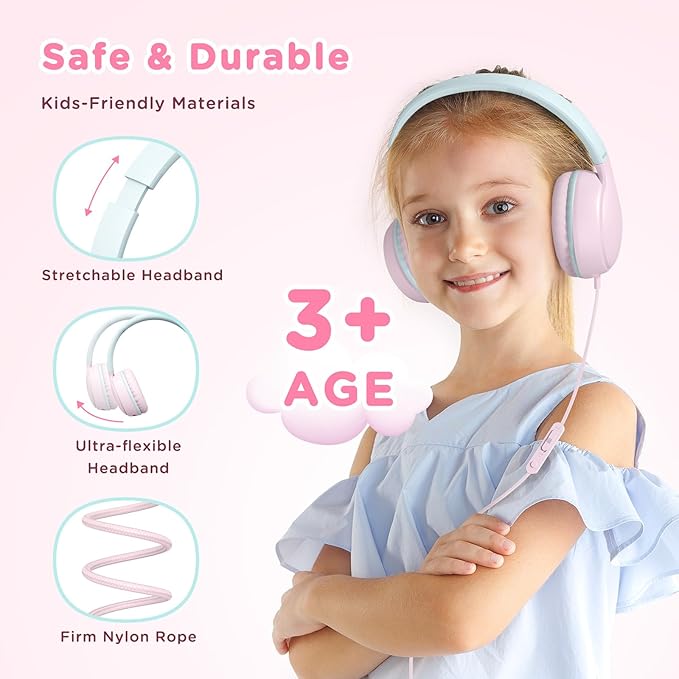 weneed Kids Headphones Wired with Microphone, Over Ear 85/94dB Volume Limited Headphones with Share Port, Stereo Sound Foldable Headset for Teens/Boys/Girls