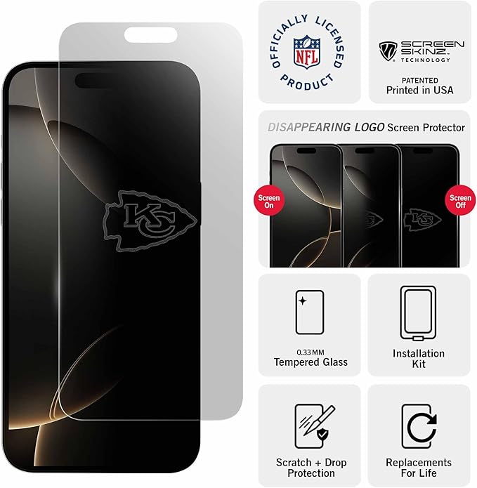 NFL Kansas City Chiefs Clear Screen Protector for iPhone 16 Pro Max - with Disappearing Logo - Scratch-Resistant and Easy-to-Install Screen Protectors (Includes Installation Tray)