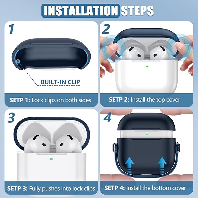 AirPods 4 Case 2024 USB-C with Cleaner Kit, Drop Protection, Safety Lock Design, Blue, Case for Men with Lock and Keychain, Secure Use, Protect AirPods, Emergency Phone Holder