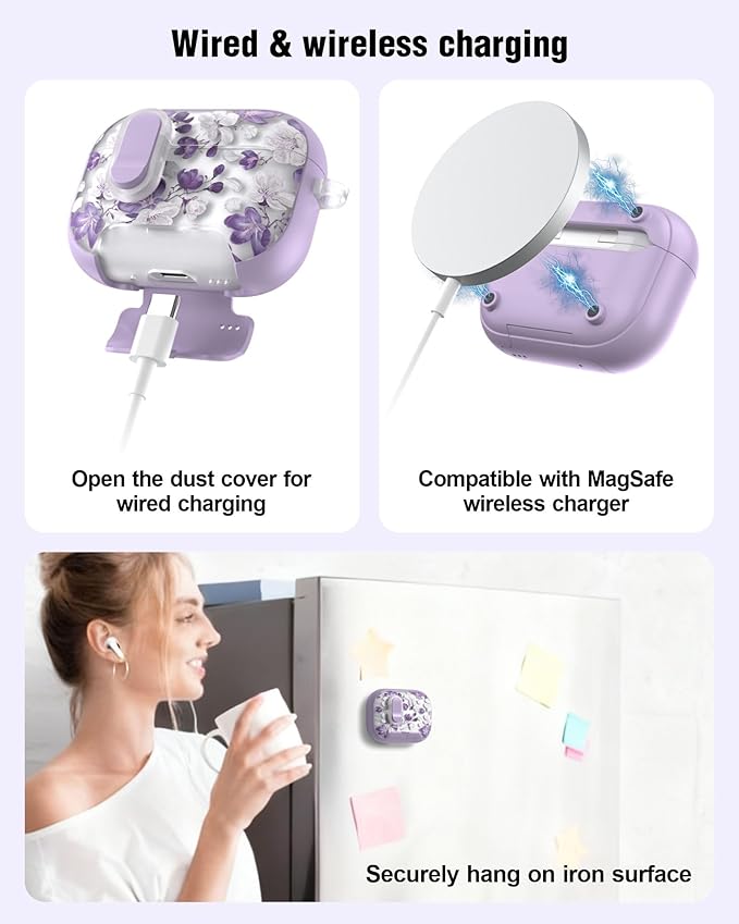 TATOFY for AirPod Pro 3 Case (2025) with Phone Stand Lanyard Lock Cleaning Kit, Compatible with Magsafe, Flowers Hard AirPods Pro 3rd Generation Cover for Women (Purple, AirPods Pro 3)
