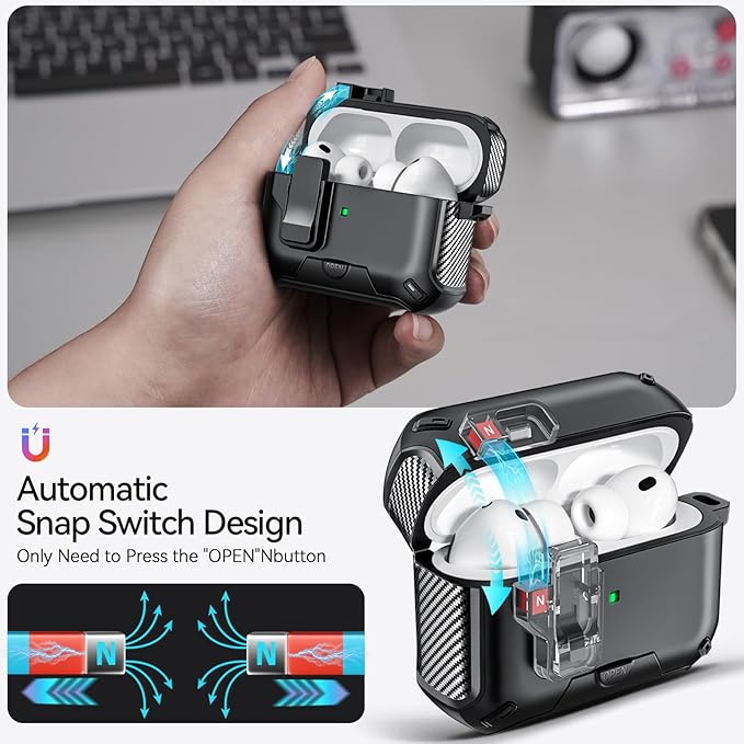 for AirPods Pro 3 Case (2025) with Phone Stand,（with Automatic Snap Switch） Carbon Fiber Design Protection Cover with Cleaning Pen,Balck