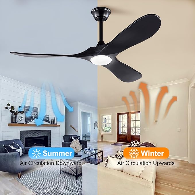 Black 52 Inch Wood Large Ceiling Fans with Lights and Remote Control, 3 Color Temperatures and 6 Speeds Timing, 52 Inch Indoor Outdoor Ceiling Fan for Patios Living Room Bedroom Study Office