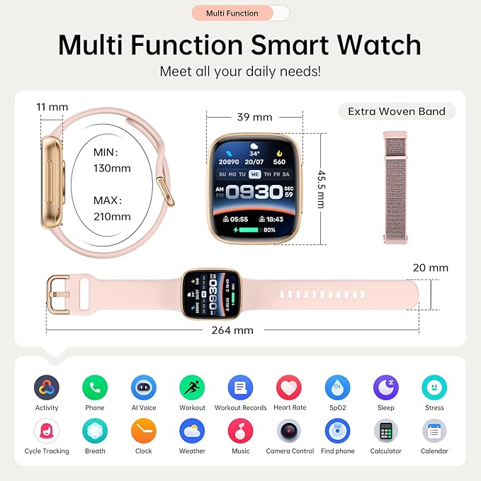 Smart Watches for Women, 1.85" HD AMOLED Display, 2 Bands Included, Works with iPhone & Android, 12-Day Battery, 3ATM Waterproof, Bluetooth Call, Health & Fitness Tracker, Pink