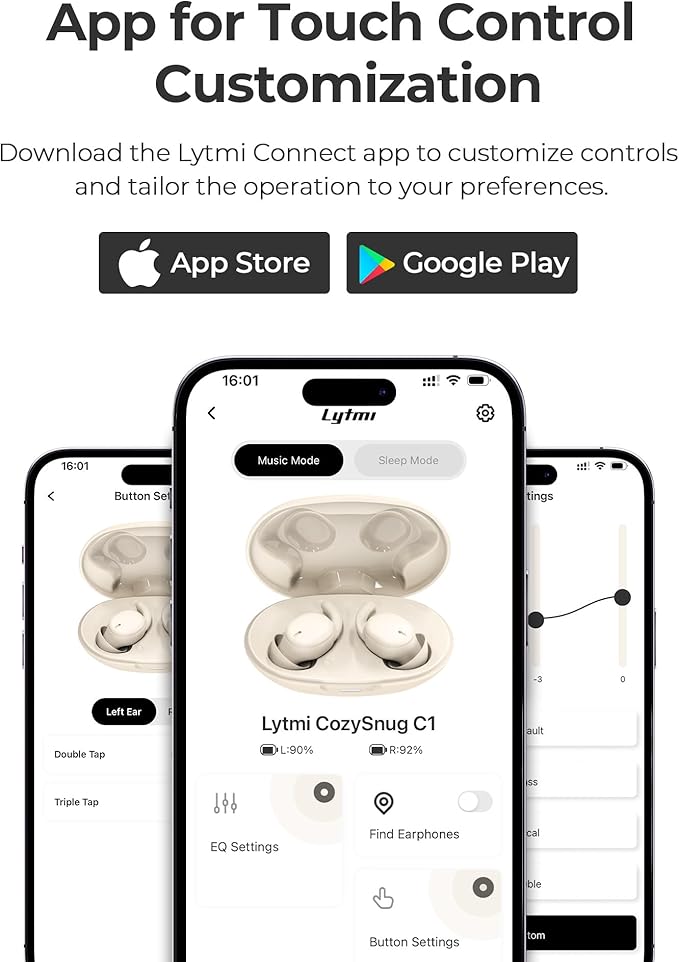 Lytmi CozySnug C1 Sleep Earbuds, Bluetooth 5.3 Noise-Blocking Sleep Headphones, App Control, Comfortable Fit, 3 Sizes of Ear Tips, 21H Playtime, Compact Design for Side Sleepers