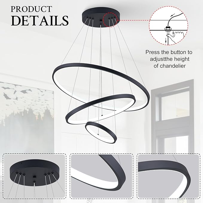 3 Ring Modern LED Chandelier Black Dimmable Round Chandeliers, LED Circular Pendant Light Fixture with Remote Control for Living Room, Dining Room, Office, Entry, Bedroom