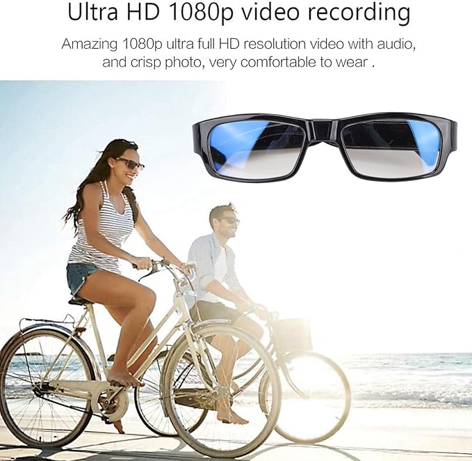 PUSOKEI 1080P HD Camera Glasses, Wearable Recording Glasses with Smart Stabilization & Wide Angle Lens, 1.5H Battery for Cycling, Sports, First - Person View Recording
